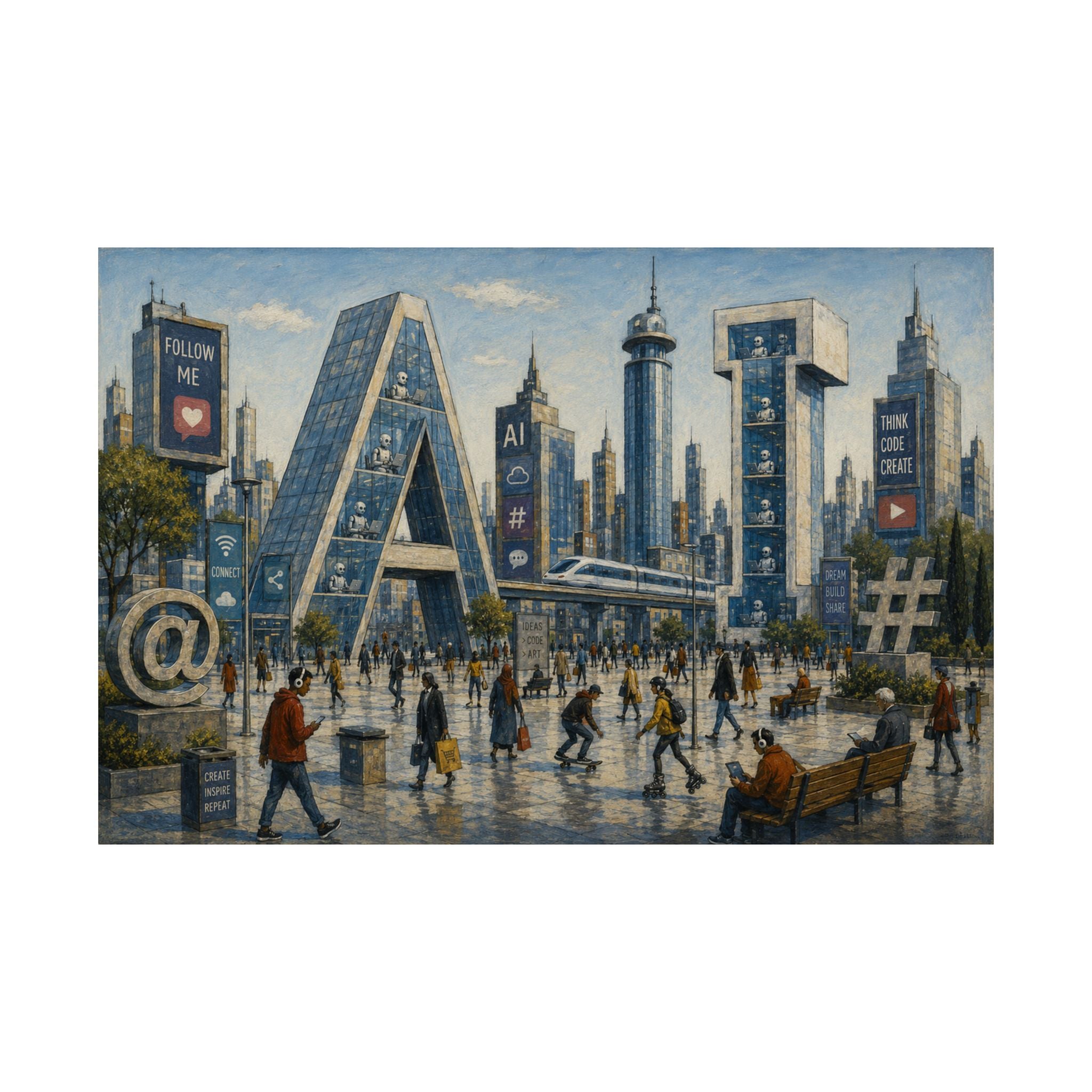 AI Revolution Cityscape Poster — Urban Social Media Satire Matte Horizontal Art Print