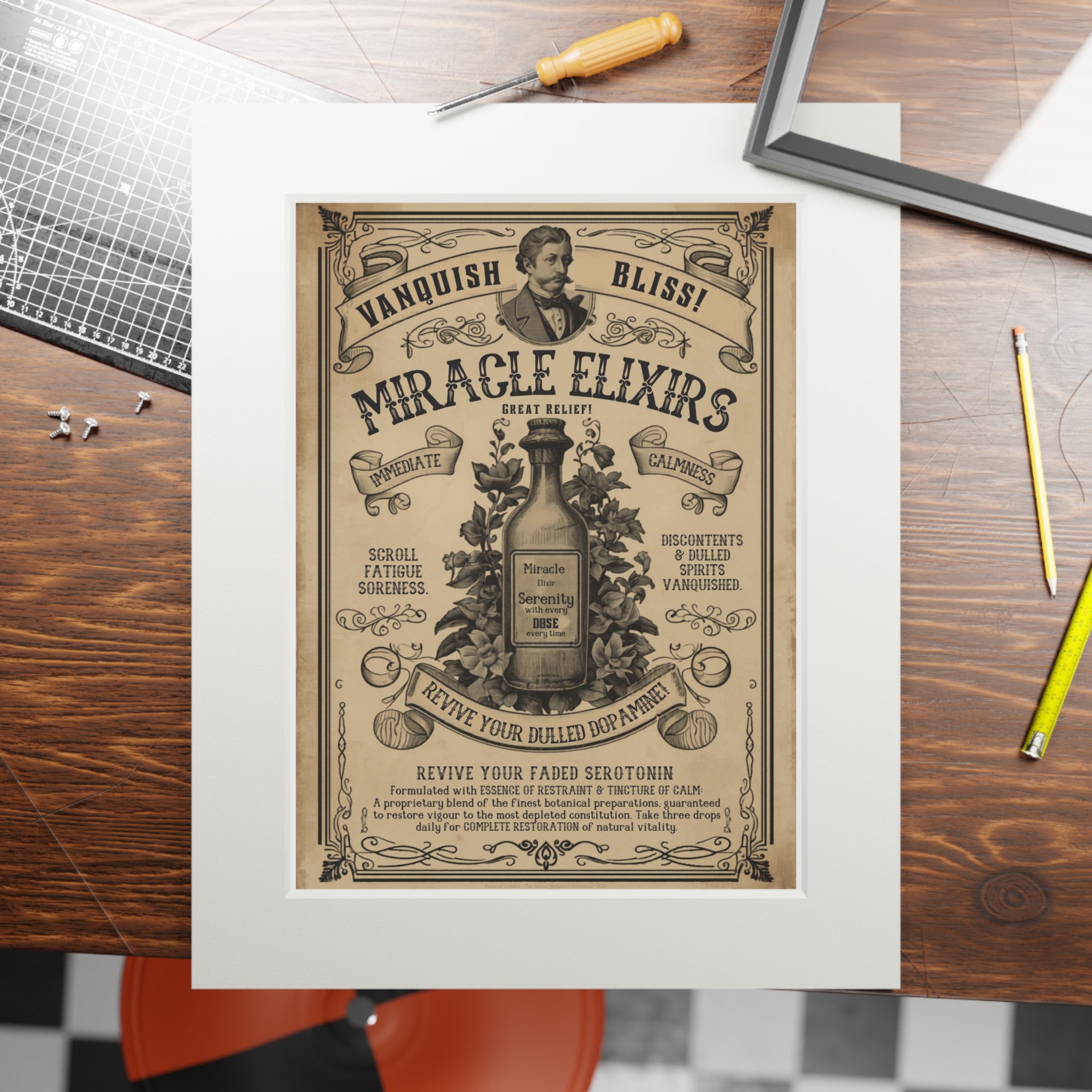 Vanquish Scroll Fatigue (Miracle Elixirs No. 01) — Satirical Fine Art Print