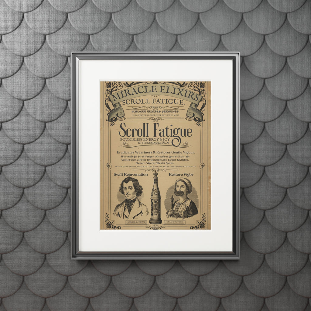 Vintage Scroll Fatigue Pharmacy Poster — Satirical Victorian Patent Medicine Print