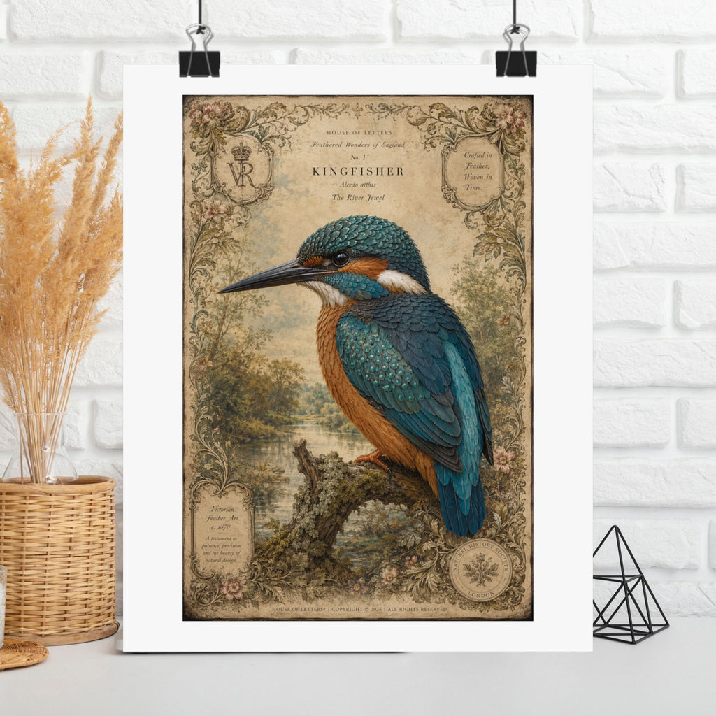 Kingfisher Vintage Illustration Matte Poster — Antique Bird Wall Art