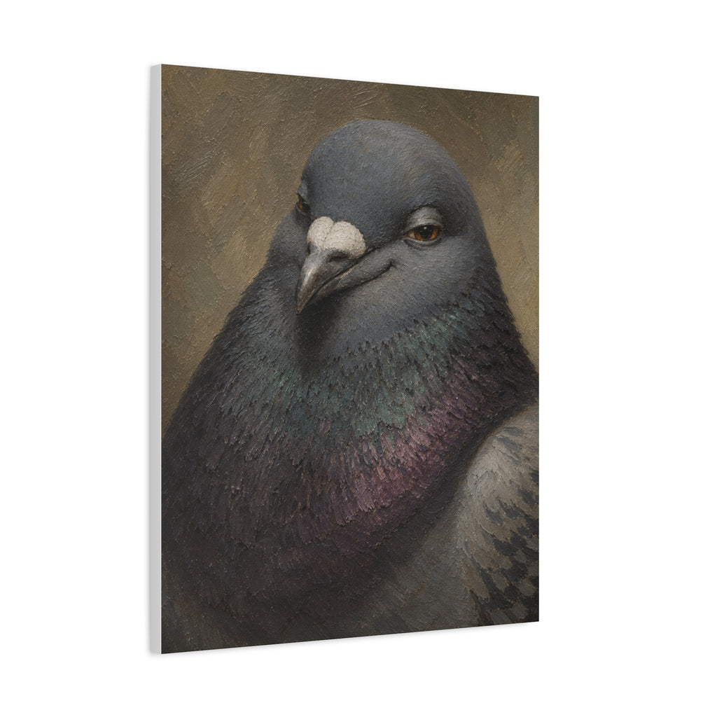 Regal Pigeon Portrait Matte Canvas Print — 'Smug Satirical Plump Pigeon'