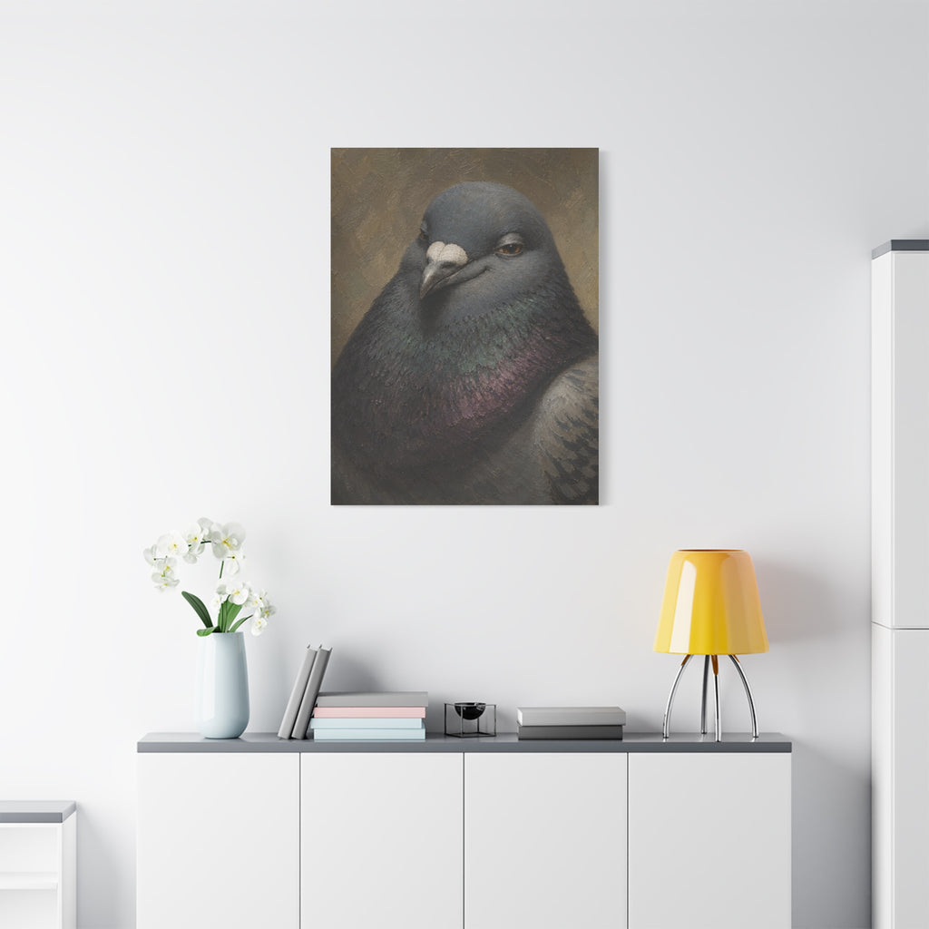 Regal Pigeon Portrait Matte Canvas Print — 'Smug Satirical Plump Pigeon'