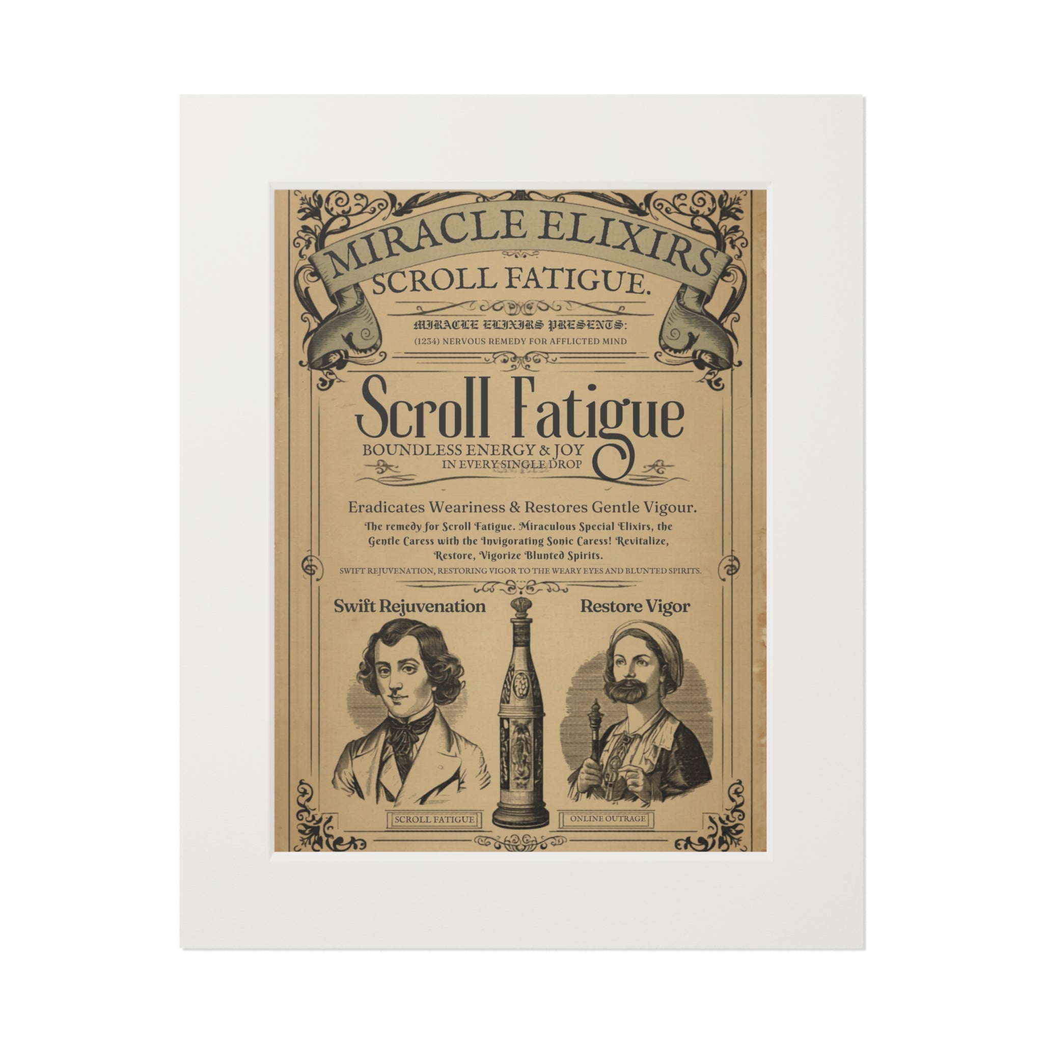 Vintage Scroll Fatigue Pharmacy Poster — Satirical Victorian Patent Medicine Print