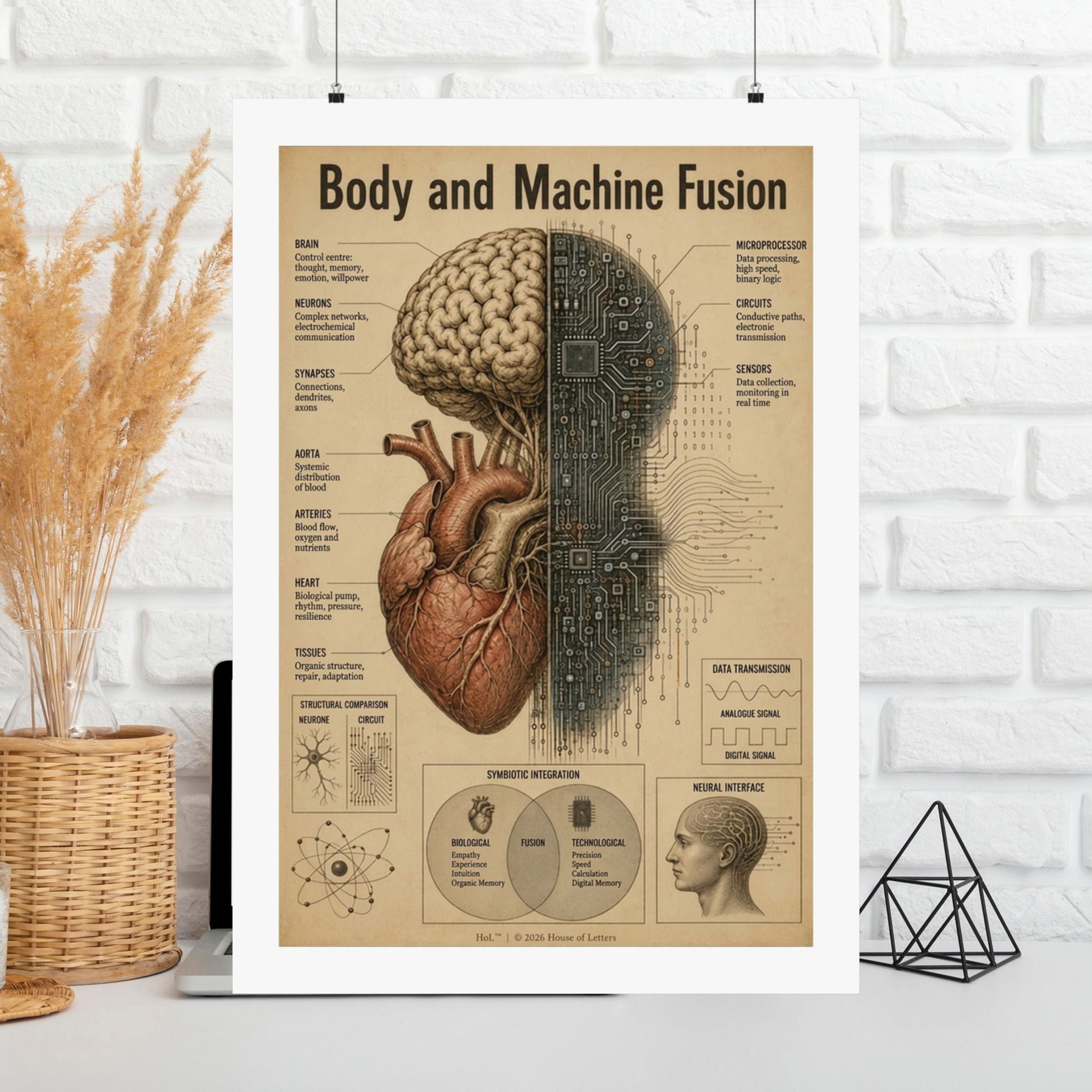 Bio-Mechanical Anatomy Chart Poster — Tech & Human Intelligence Dark Academia Art