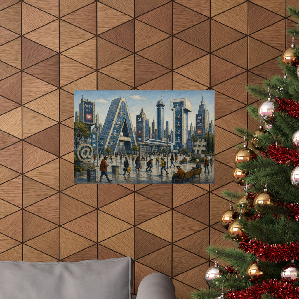 AI Revolution Cityscape Poster — Urban Social Media Satire Matte Horizontal Art Print