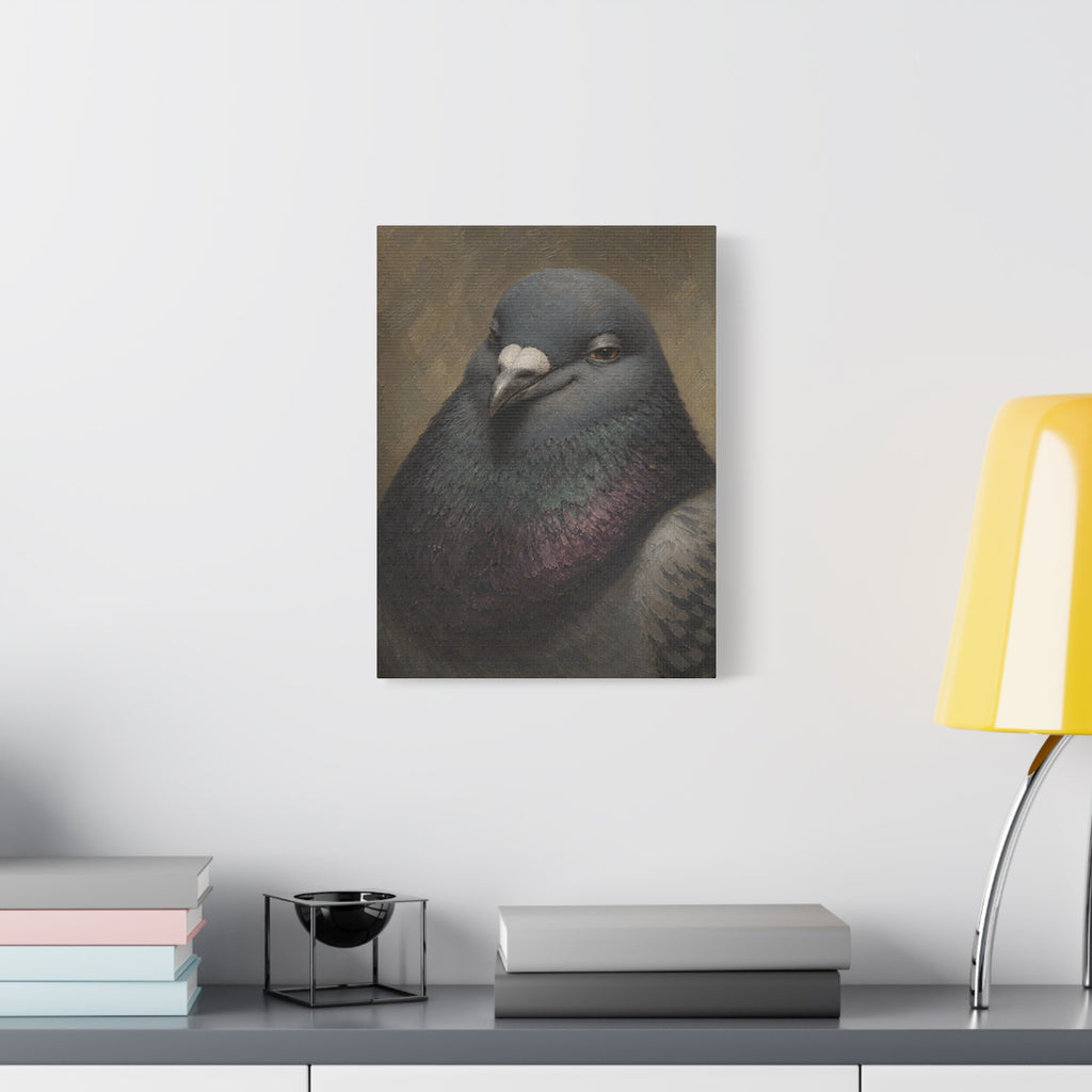 Regal Pigeon Portrait Matte Canvas Print — 'Smug Satirical Plump Pigeon'