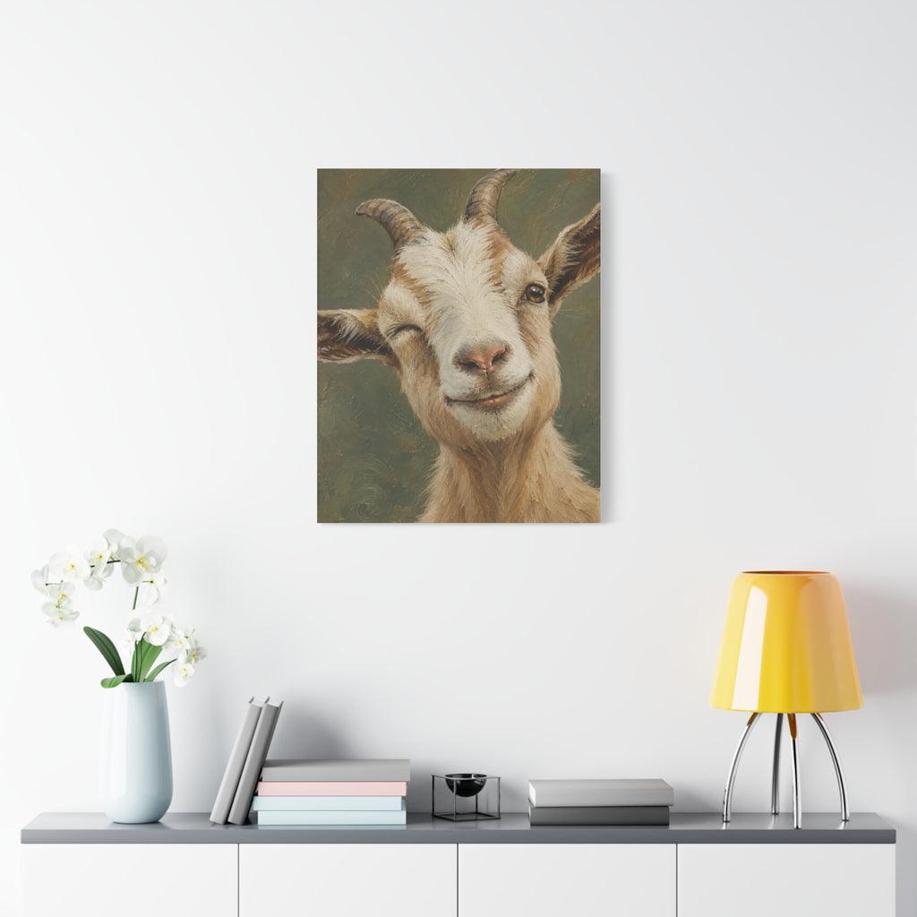 Winking Goat Canvas Art – Matte Stretched Farm Animal Wall Decor