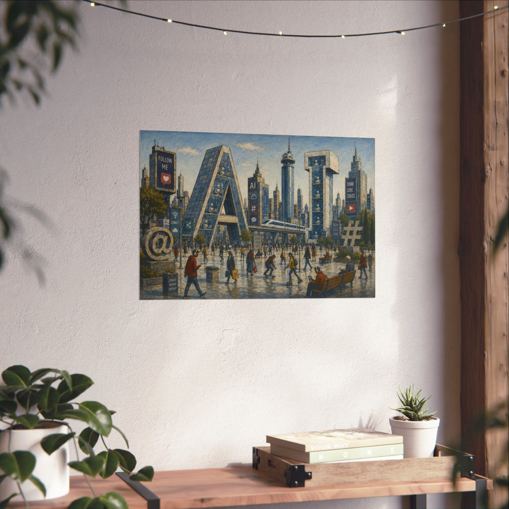 AI Revolution Cityscape Poster — Urban Social Media Satire Matte Horizontal Art Print