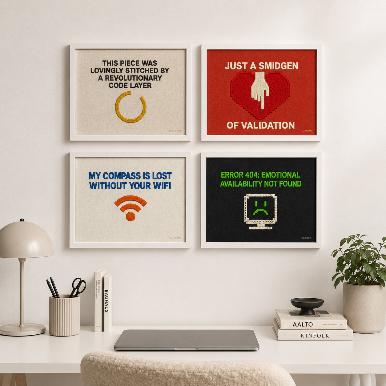 Ironic Error 404 Computer Terminal Poster — Modern Satire Embroidery Print