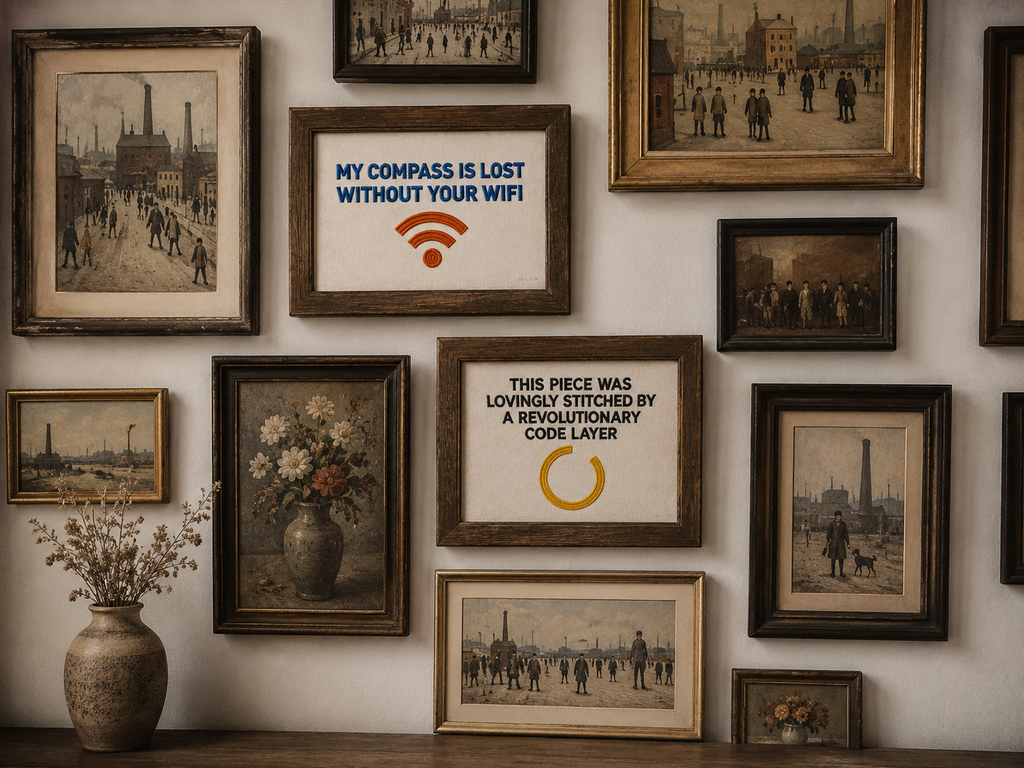 Ironic Revolutionary Code Needlepoint Poster — Modern Satire Embroidery Print