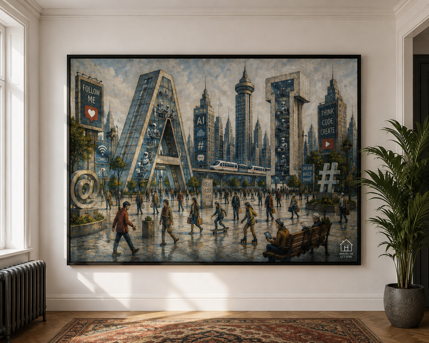 AI Revolution Cityscape Poster — Urban Social Media Satire Matte Horizontal Art Print