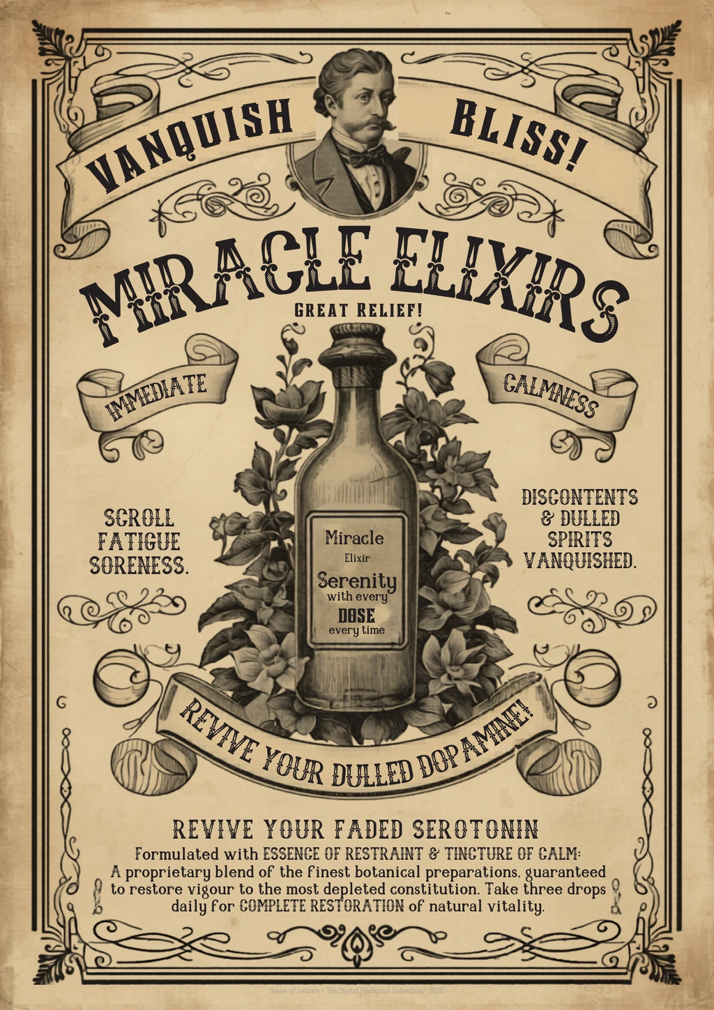 Vanquish Scroll Fatigue (Miracle Elixirs No. 01) — Satirical Fine Art Print