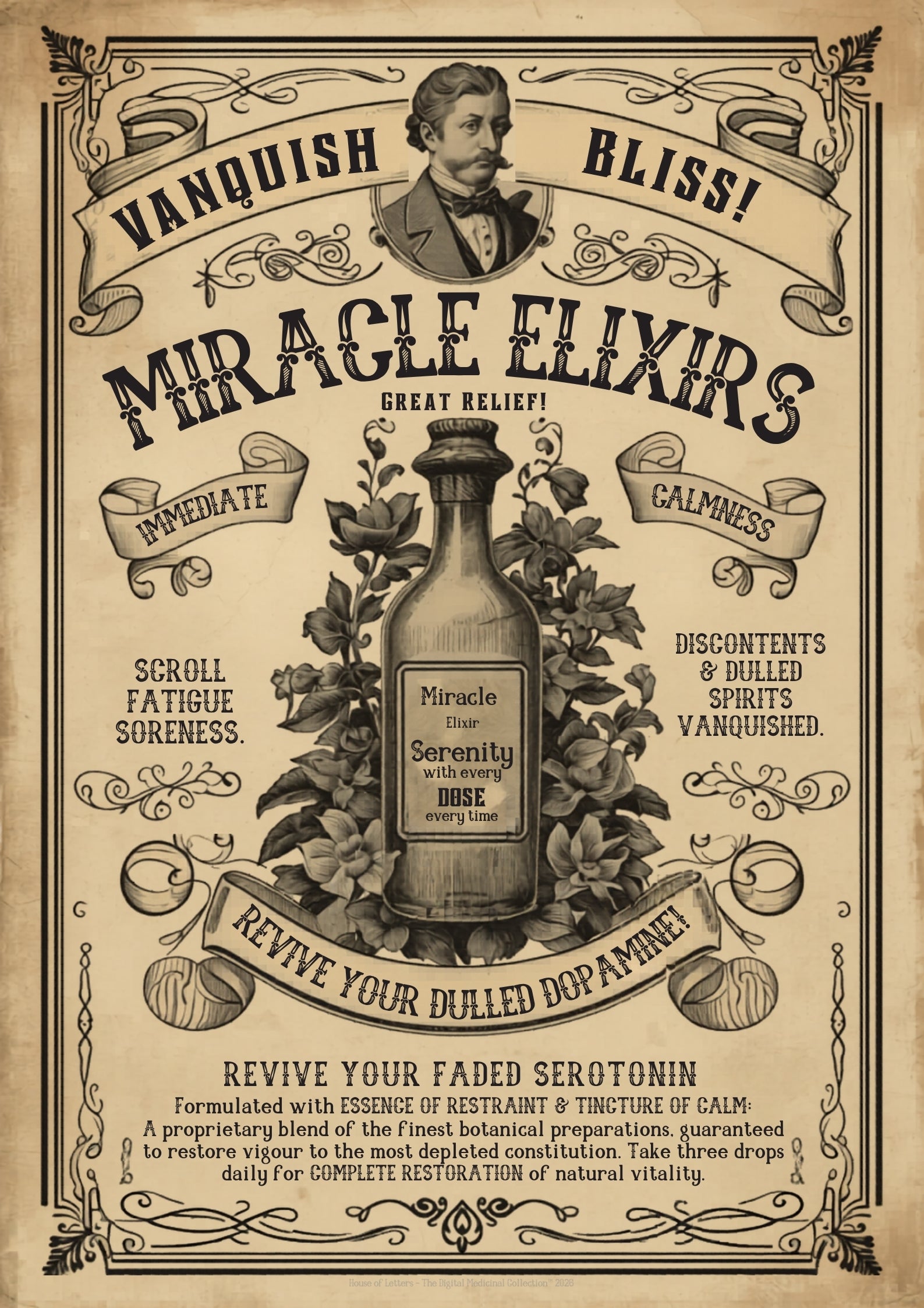 Vanquish Scroll Fatigue (Miracle Elixirs No. 01) — Satirical Fine Art Print