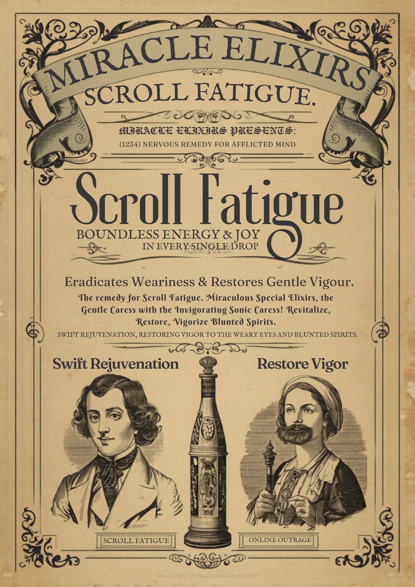 Vanquish Scroll Fatigue (Miracle Elixirs No. 01) — Satirical Fine Art Print