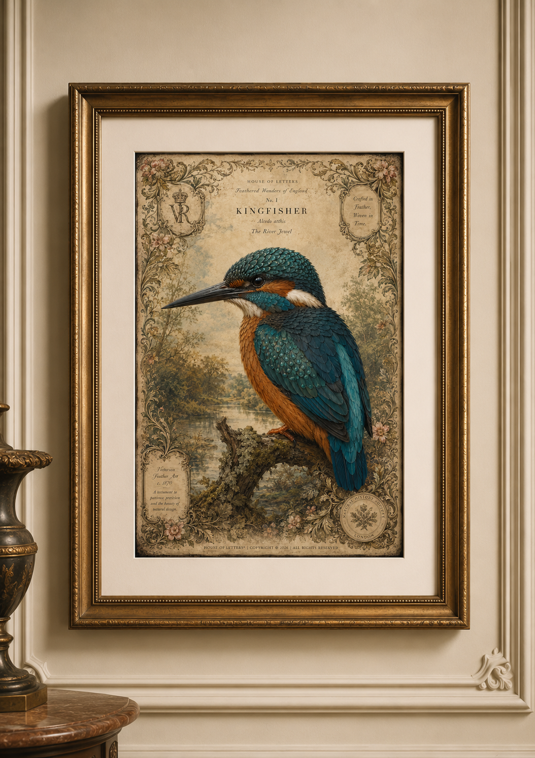 Kingfisher Vintage Illustration Matte Poster — Antique Bird Wall Art