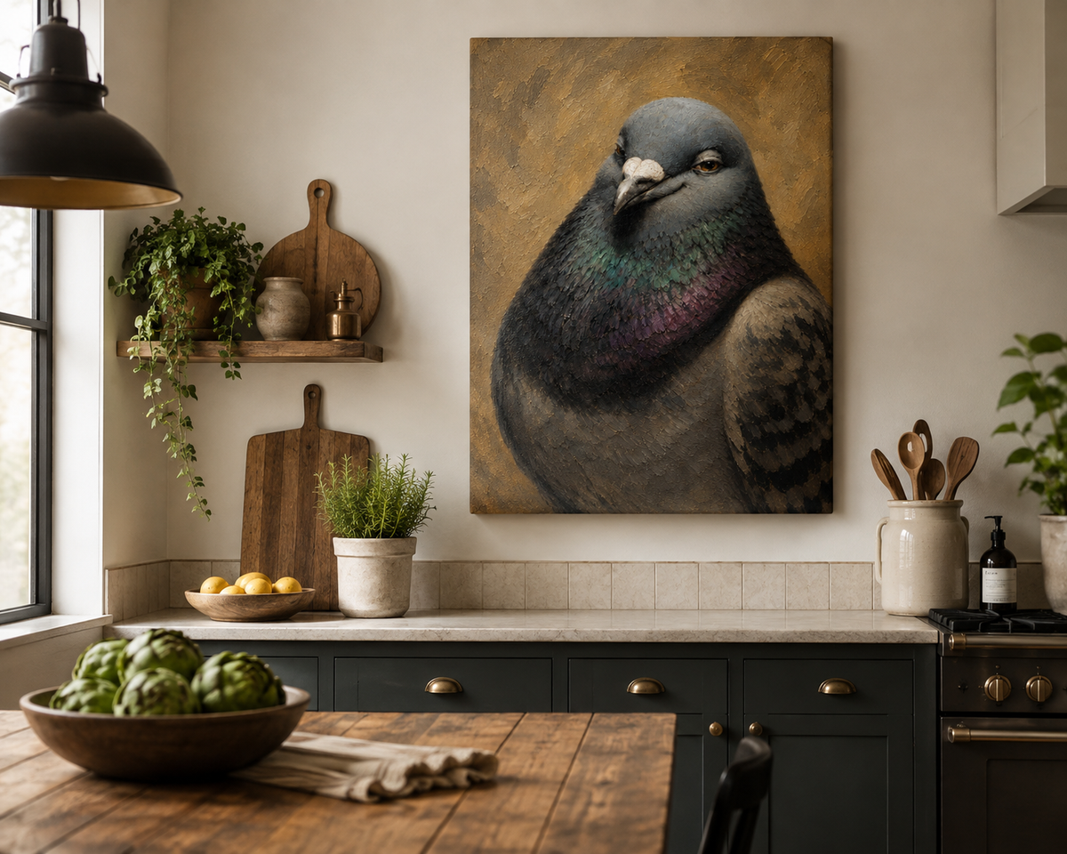 Regal Pigeon Portrait Matte Canvas Print — 'Smug Satirical Plump Pigeon'