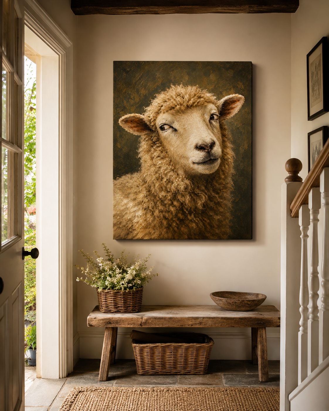 Playful Sheep Portrait Canvas Print — Rustic Farmhouse Wall Art