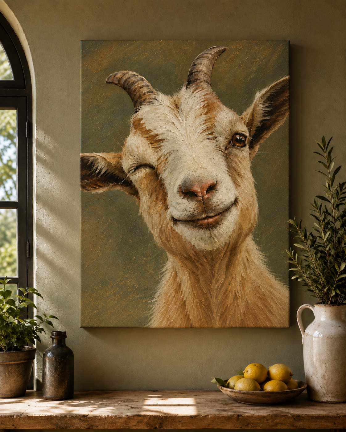 Winking Goat Canvas Art – Matte Stretched Farm Animal Wall Decor