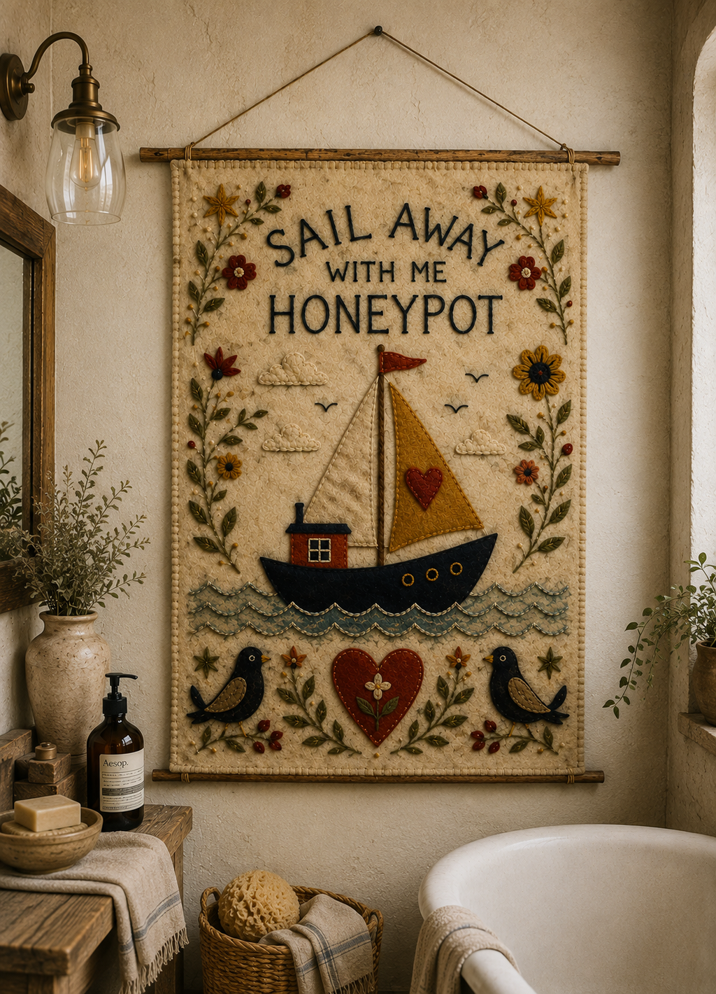 Wood Topped Wall Tapestry — “Sail Away With Me Honeypot” Nautical Folk Art Decor