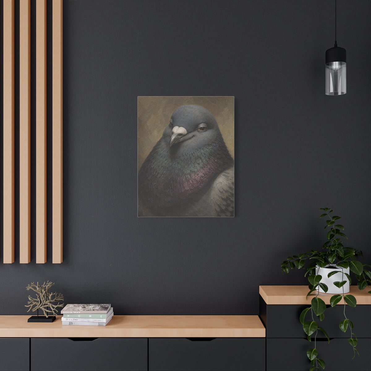 Regal Pigeon Portrait Matte Canvas Print — 'Smug Satirical Plump Pigeon'