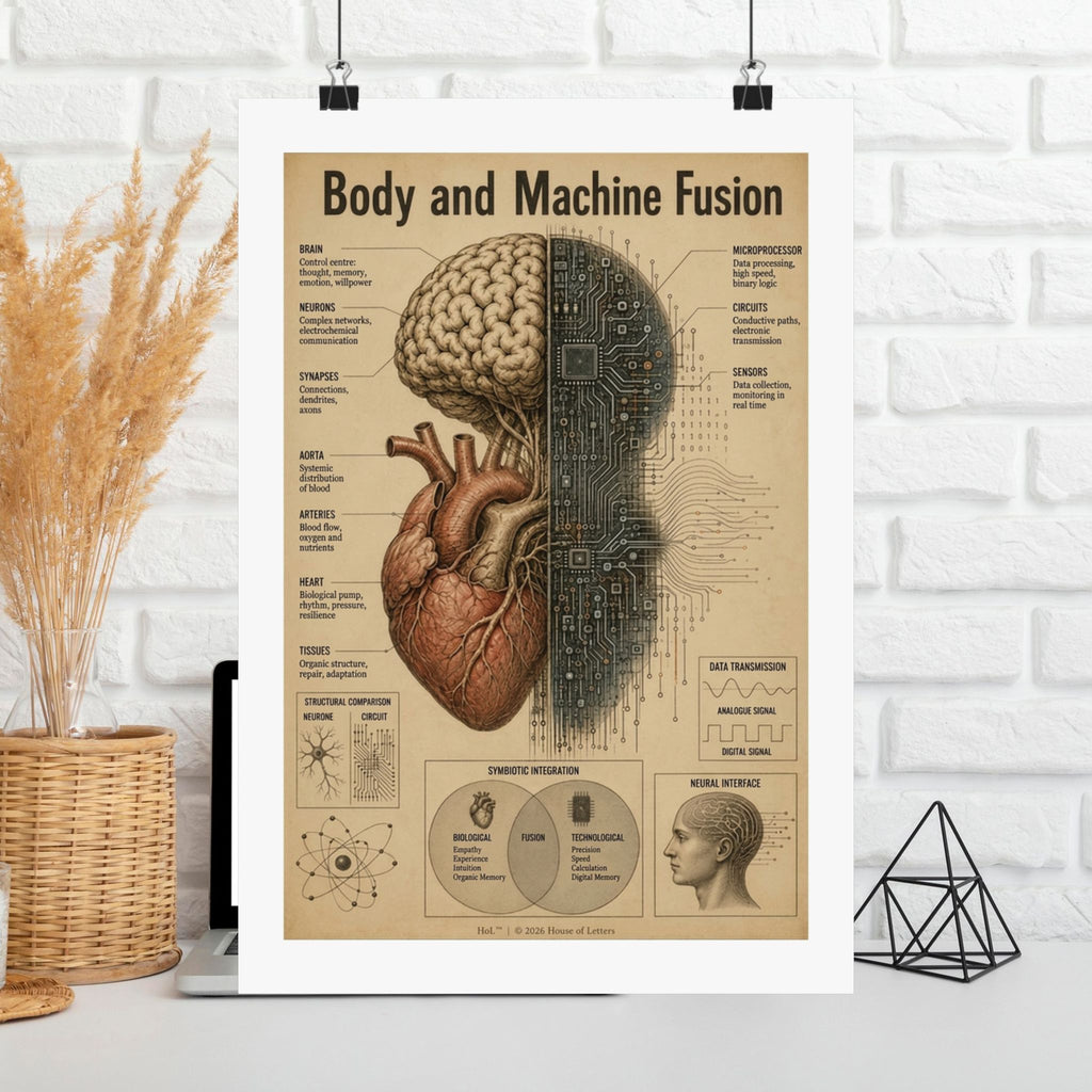 Bio-Mechanical Anatomy Chart Poster — Tech & Human Intelligence Dark Academia Art