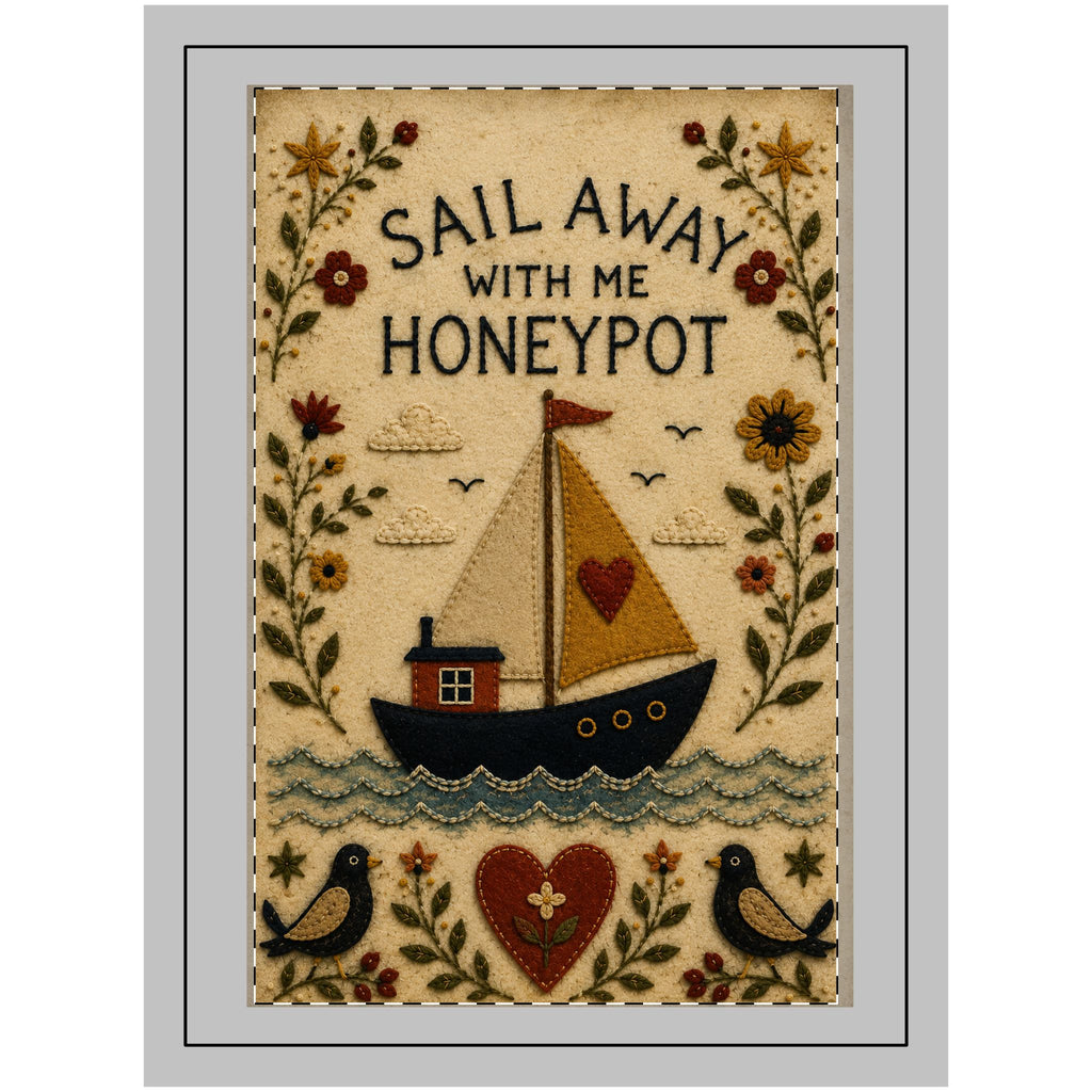 Wood Topped Wall Tapestry — “Sail Away With Me Honeypot” Nautical Folk Art Decor