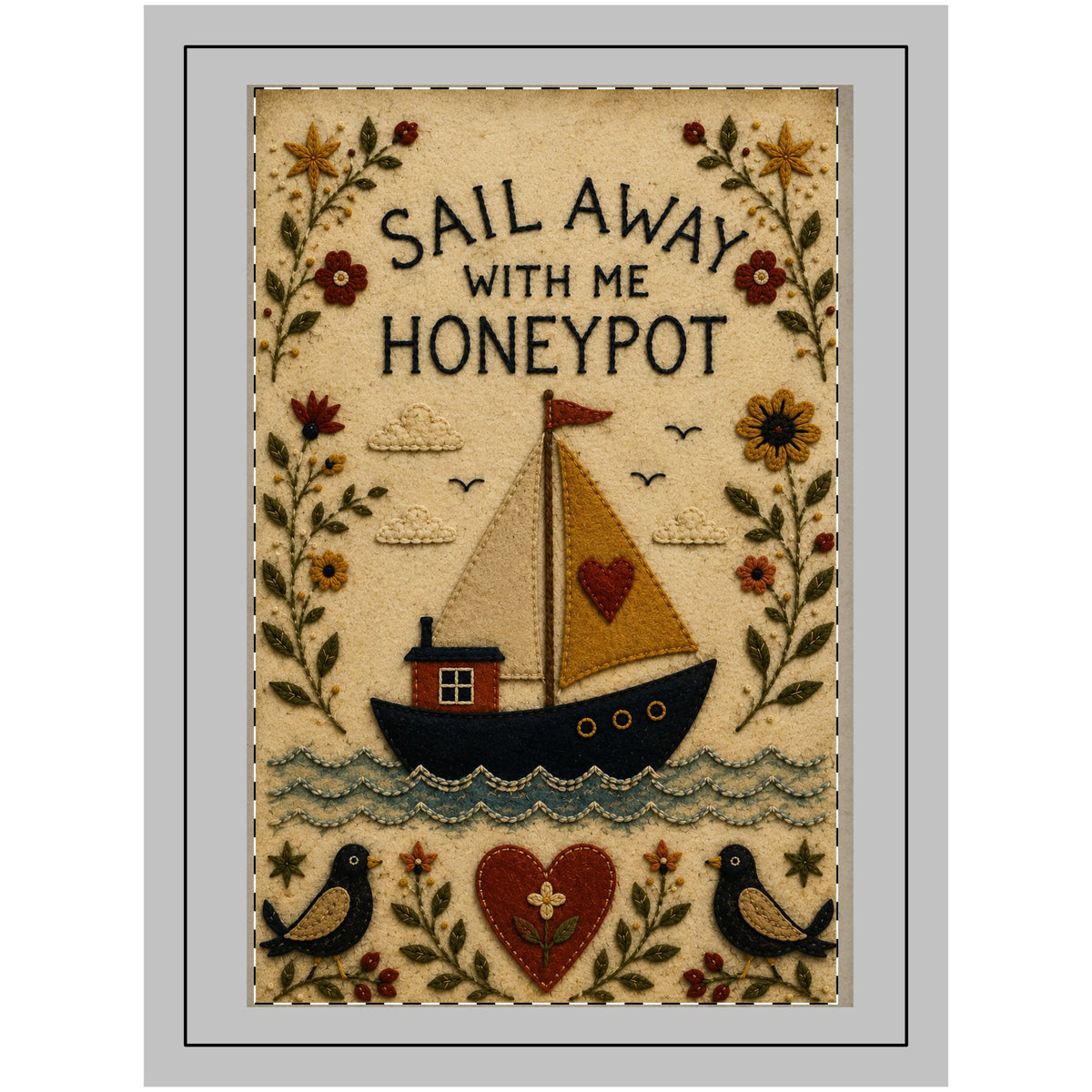 Wood Topped Wall Tapestry — “Sail Away With Me Honeypot” Nautical Folk Art Decor