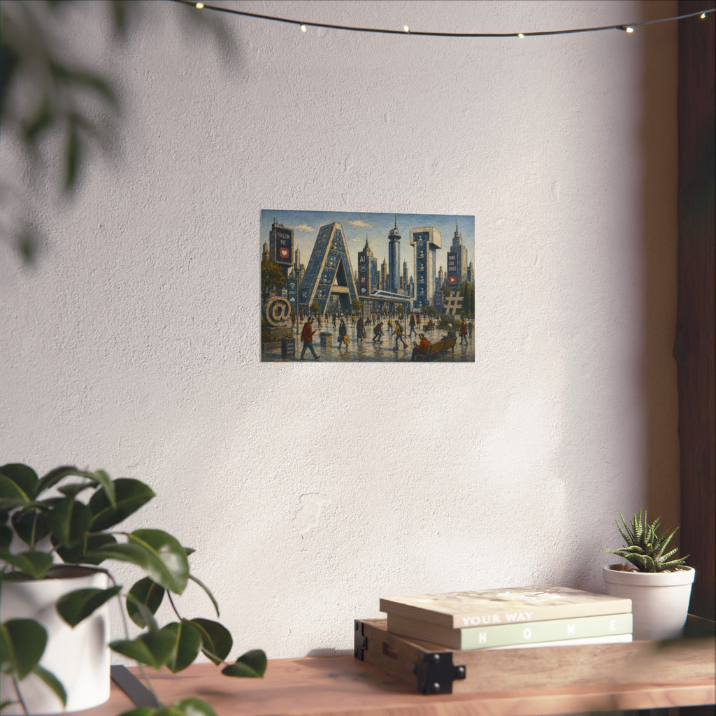 AI Revolution Cityscape Poster — Urban Social Media Satire Matte Horizontal Art Print