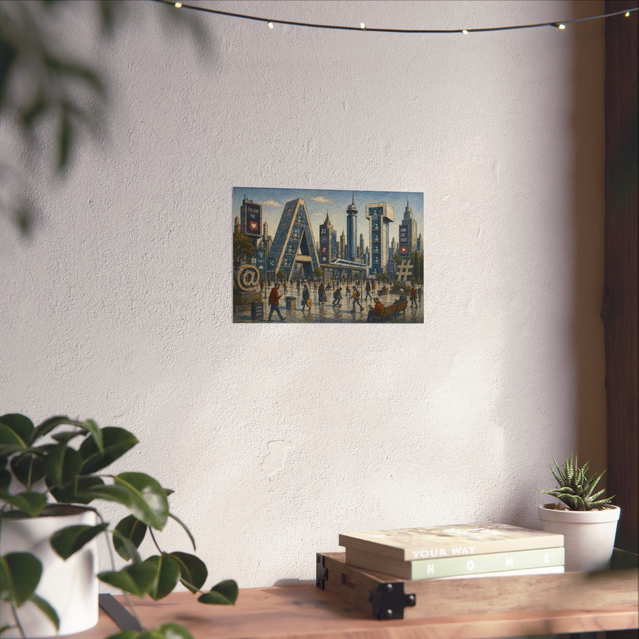 AI Revolution Cityscape Poster — Urban Social Media Satire Matte Horizontal Art Print