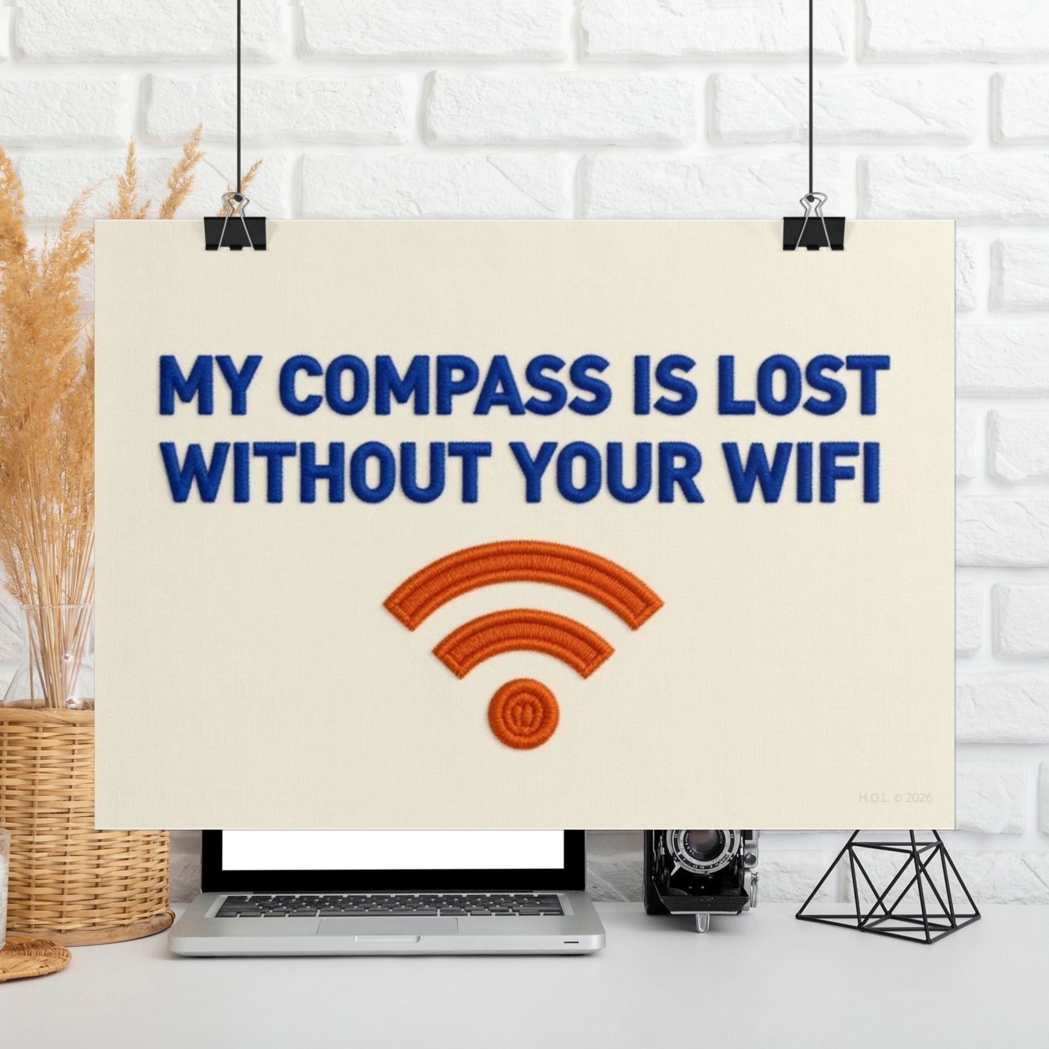 Ironic WiFi Compass Needlepoint Poster — Modern Satire Embroidery Print