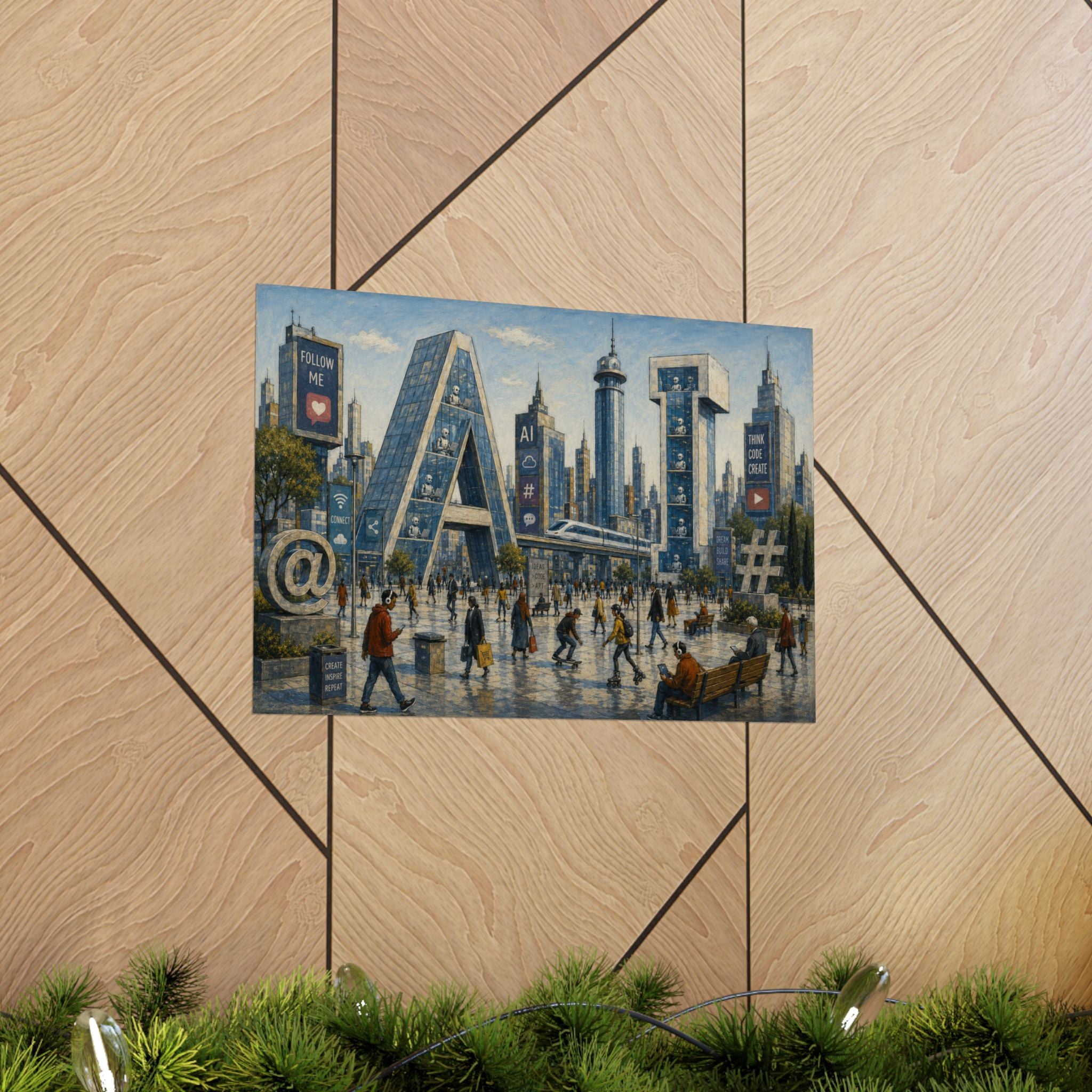 AI Revolution Cityscape Poster — Urban Social Media Satire Matte Horizontal Art Print