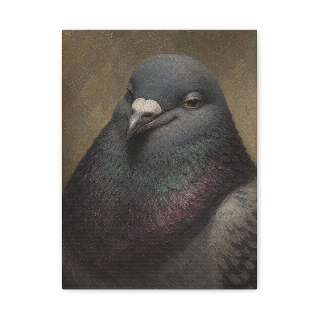 Regal Pigeon Portrait Matte Canvas Print — 'Smug Satirical Plump Pigeon'