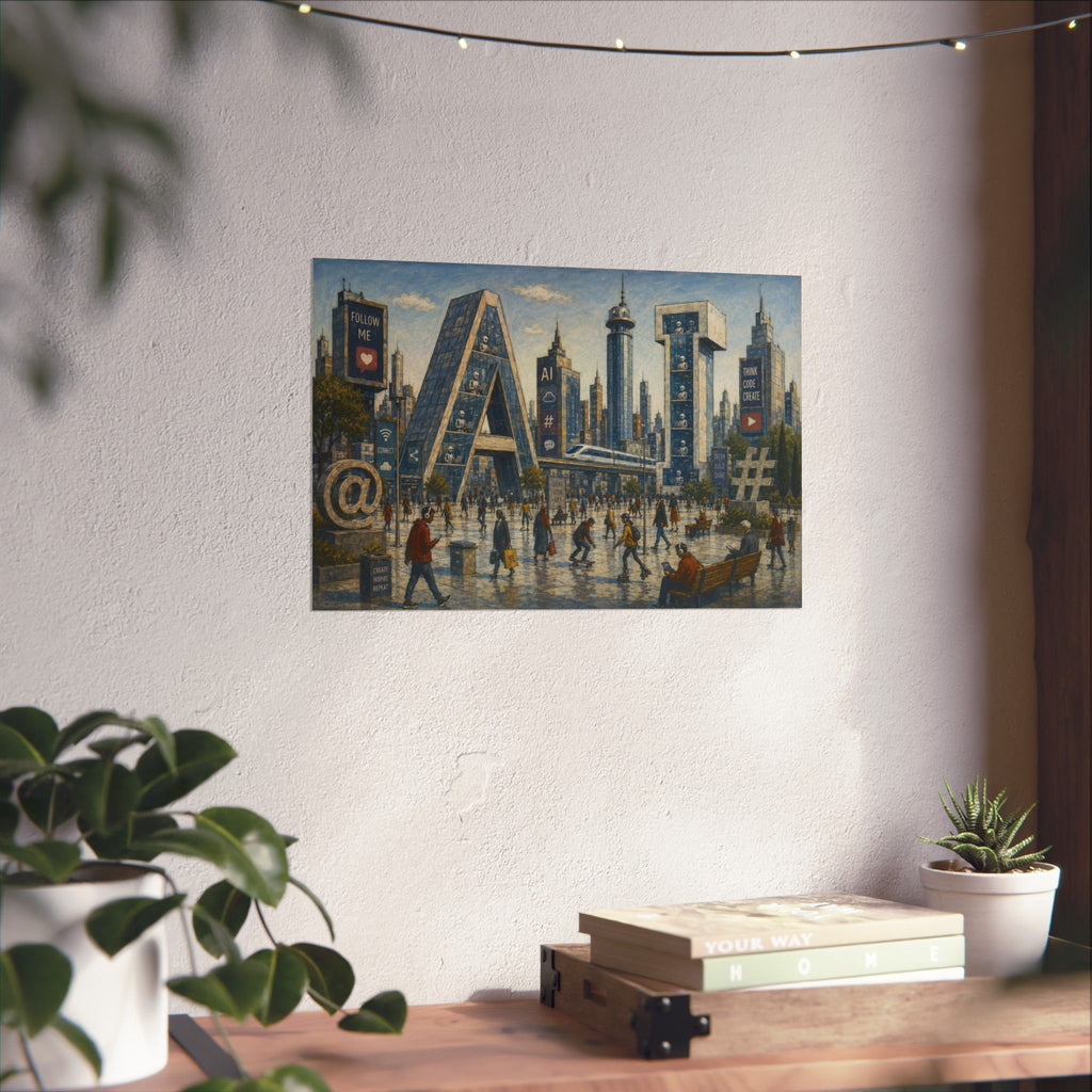 AI Revolution Cityscape Poster — Urban Social Media Satire Matte Horizontal Art Print