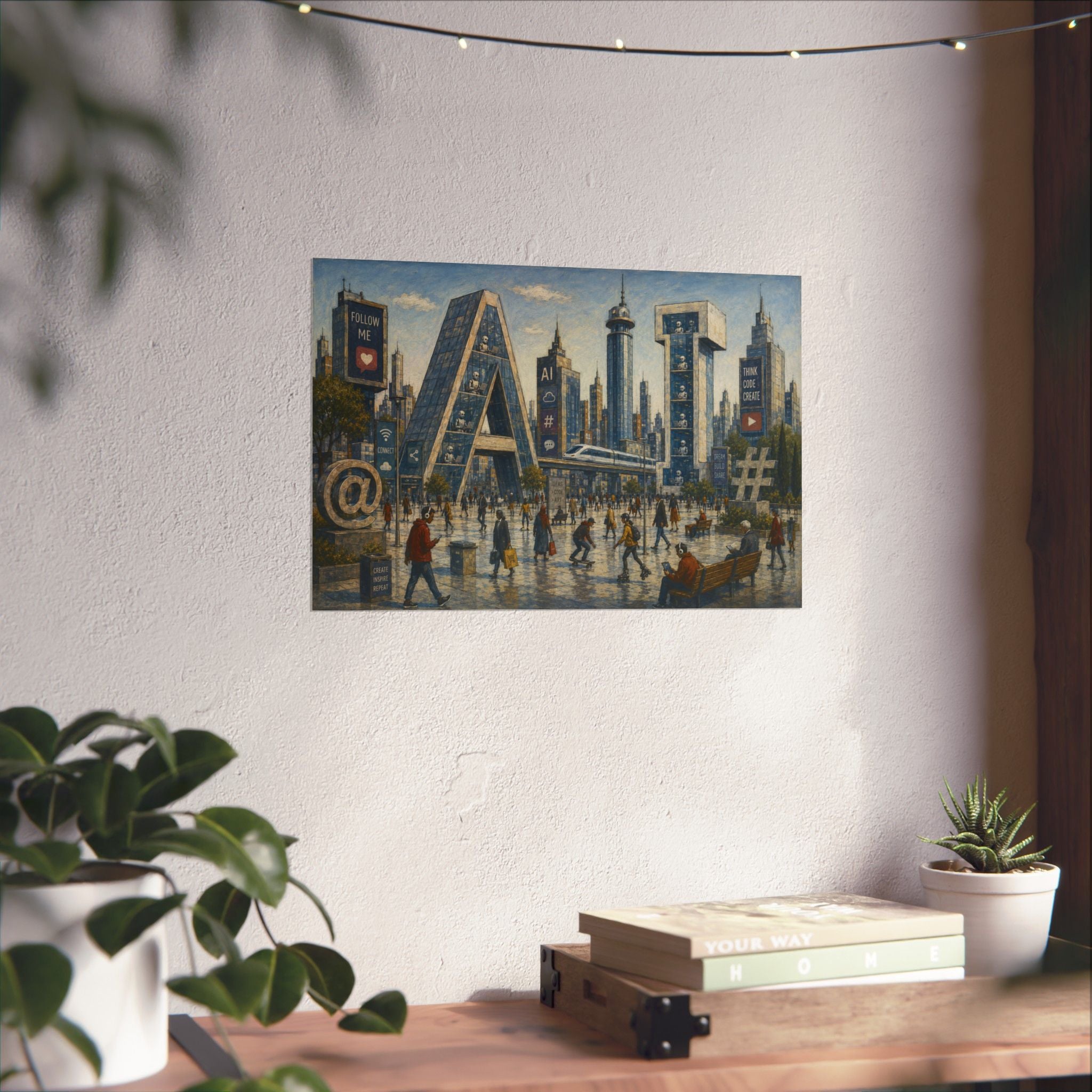 AI Revolution Cityscape Poster — Urban Social Media Satire Matte Horizontal Art Print
