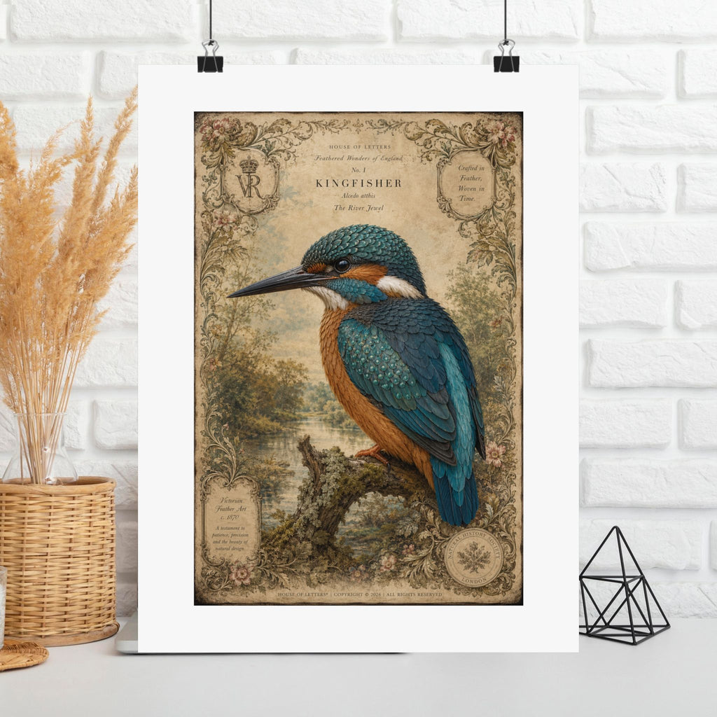 Kingfisher Vintage Illustration Matte Poster — Antique Bird Wall Art