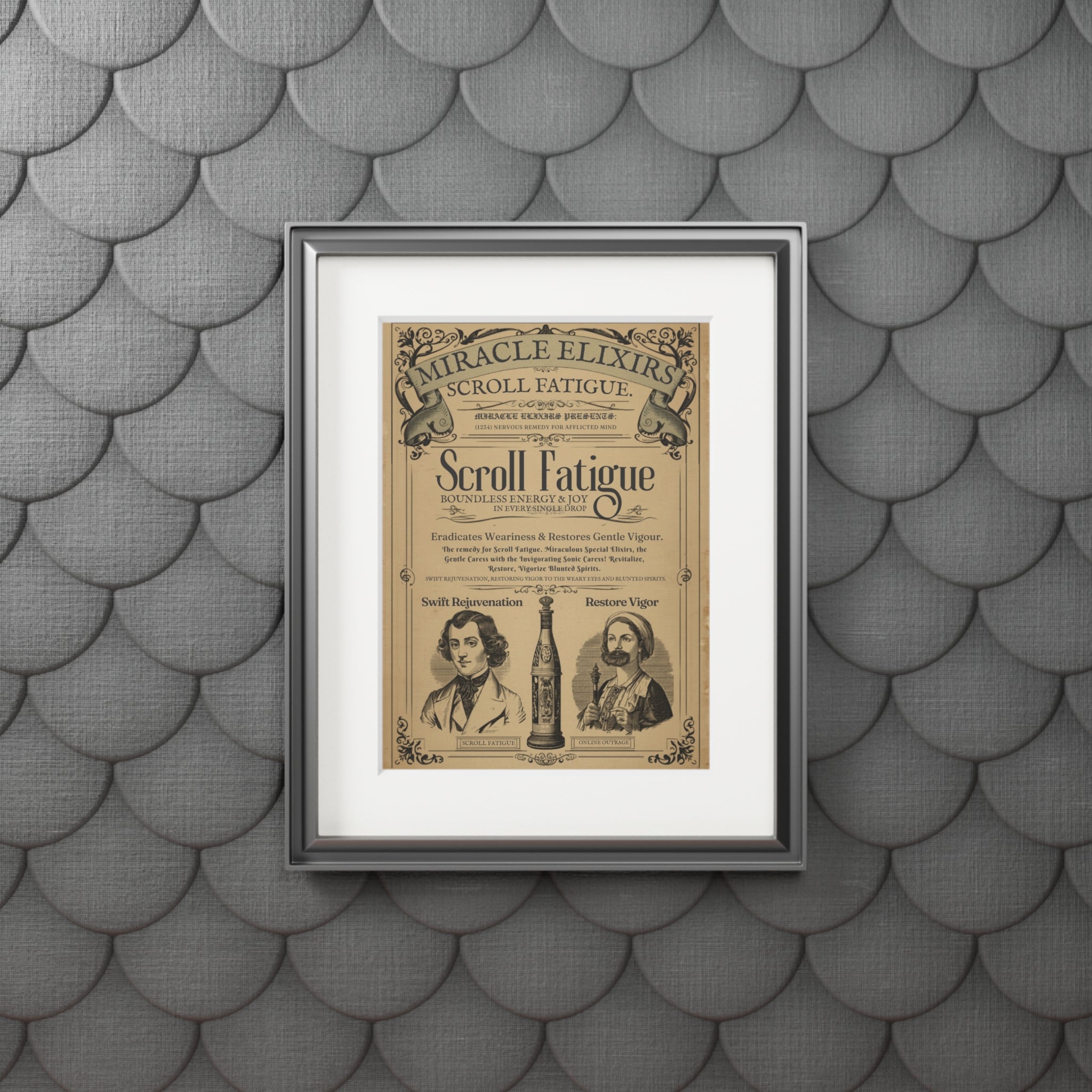 Vintage Scroll Fatigue Pharmacy Poster — Satirical Victorian Patent Medicine Print
