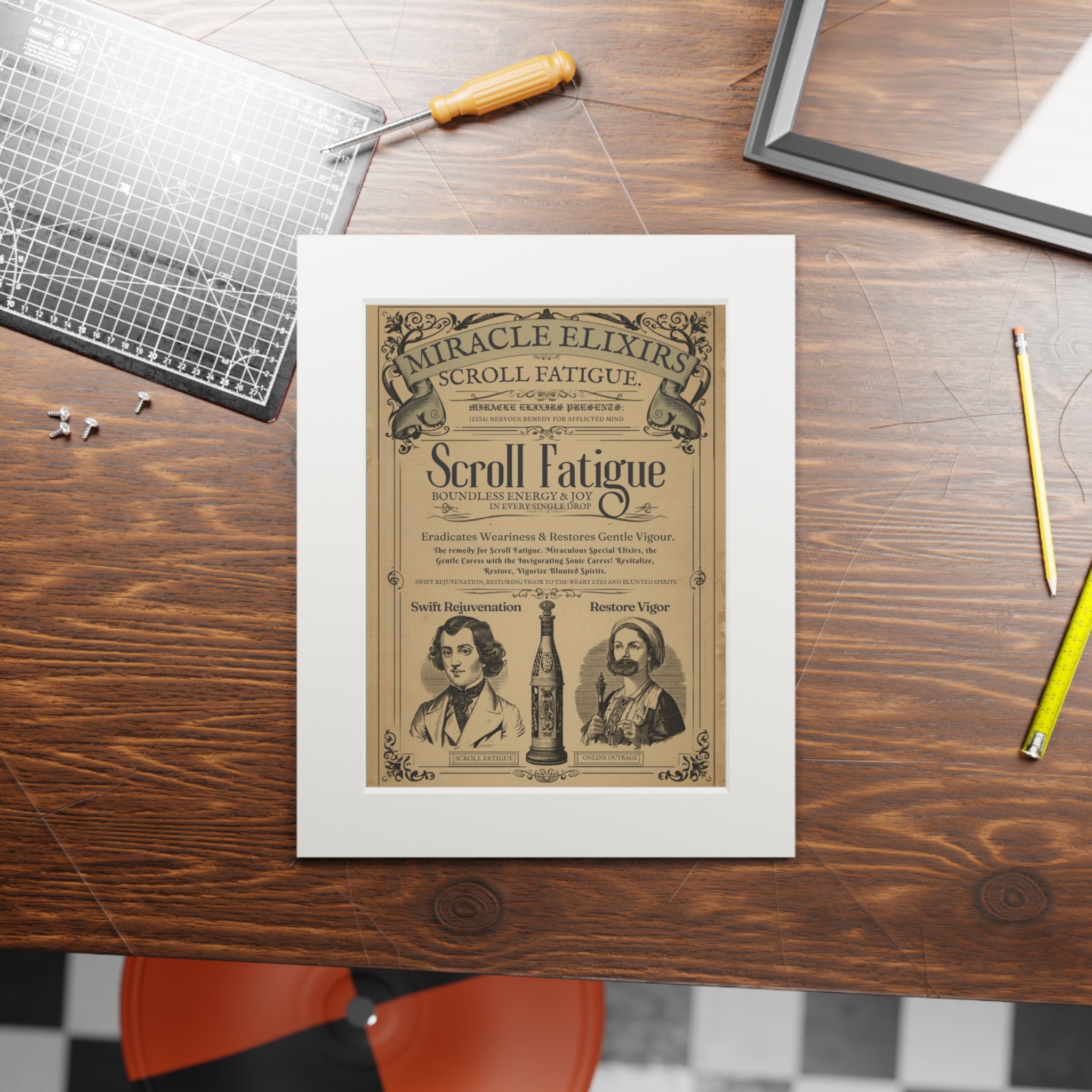 Vintage Scroll Fatigue Pharmacy Poster — Satirical Victorian Patent Medicine Print