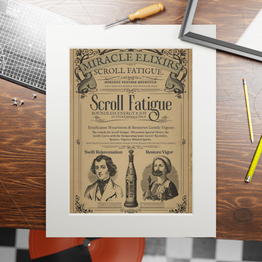 Vintage Scroll Fatigue Pharmacy Poster — Satirical Victorian Patent Medicine Print