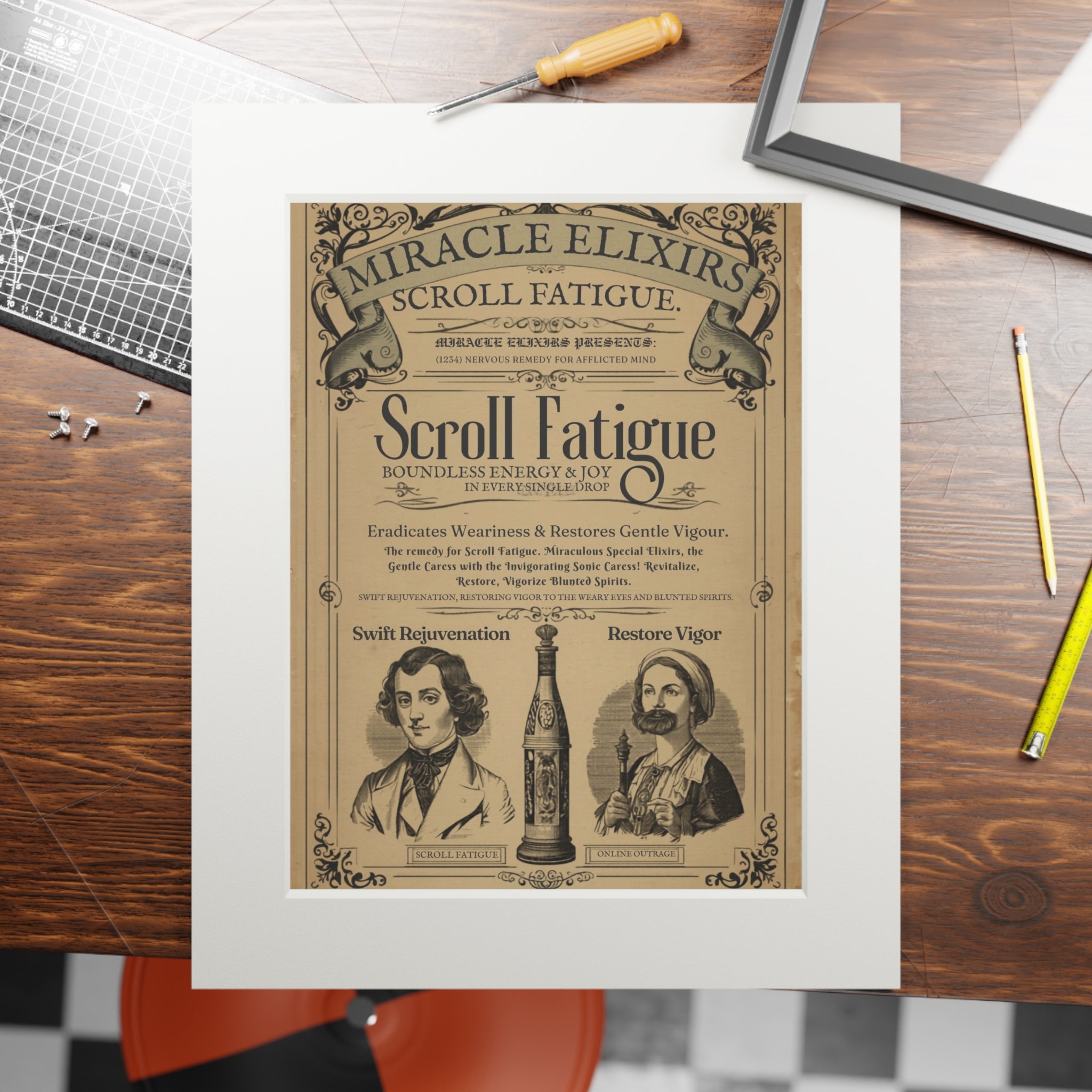 Vintage Scroll Fatigue Pharmacy Poster — Satirical Victorian Patent Medicine Print