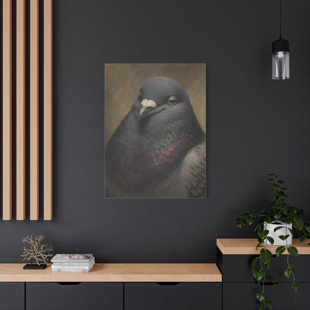 Regal Pigeon Portrait Matte Canvas Print — 'Smug Satirical Plump Pigeon'