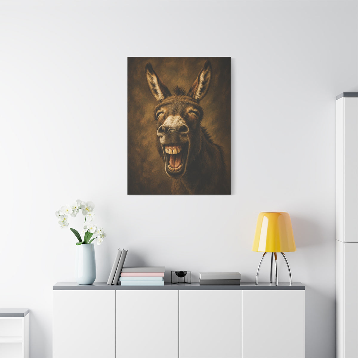 Laughing Donkey Matte Canvas Art – Humorous Animal Wall Décor, Stretched 1.25"