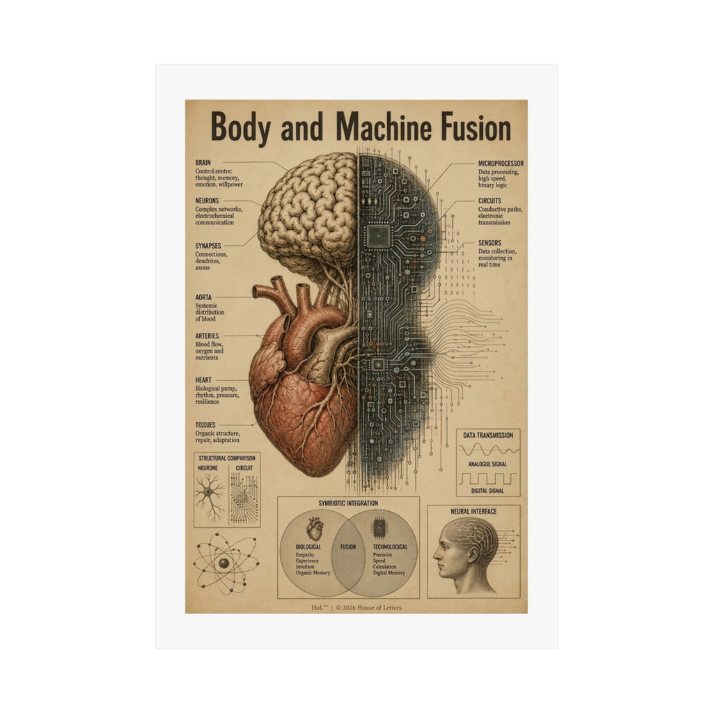 Bio-Mechanical Anatomy Chart Poster — Tech & Human Intelligence Dark Academia Art