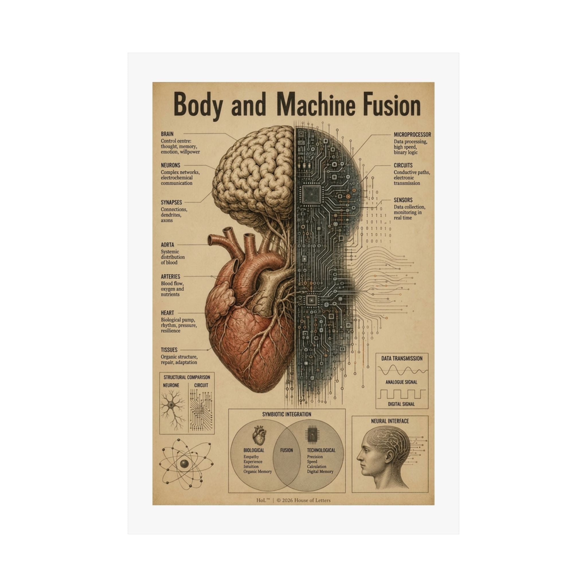 Bio-Mechanical Anatomy Chart Poster — Tech & Human Intelligence Dark Academia Art