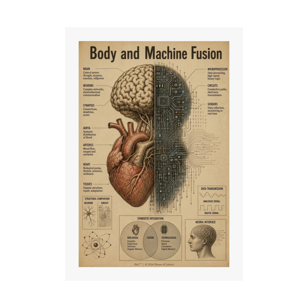 Bio-Mechanical Anatomy Chart Poster — Tech & Human Intelligence Dark Academia Art
