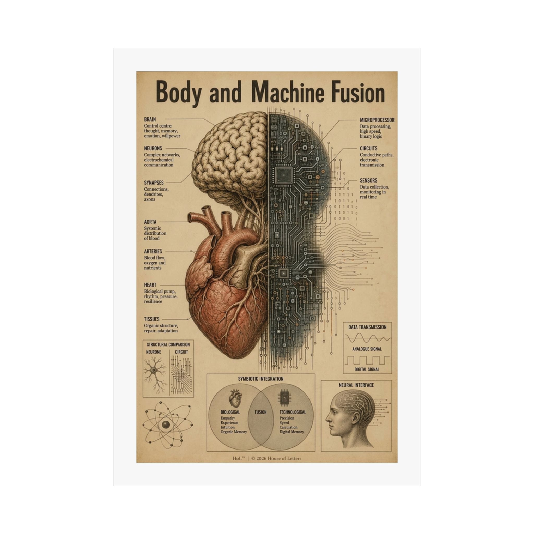 Bio-Mechanical Anatomy Chart Poster — Tech & Human Intelligence Dark Academia Art