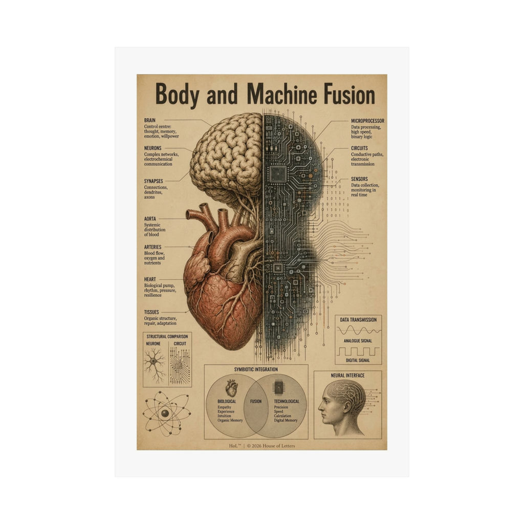 Bio-Mechanical Anatomy Chart Poster — Tech & Human Intelligence Dark Academia Art