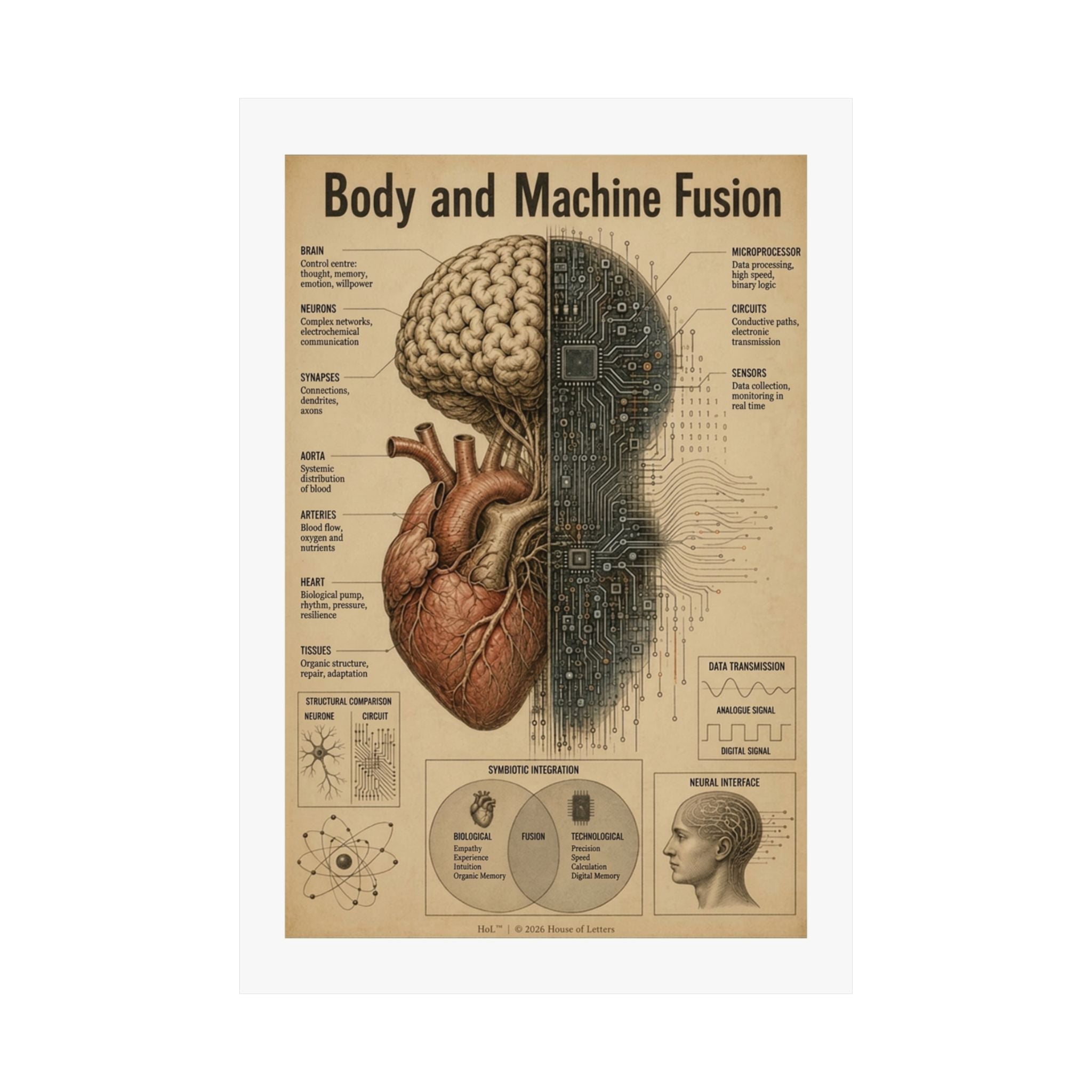 Bio-Mechanical Anatomy Chart Poster — Tech & Human Intelligence Dark Academia Art